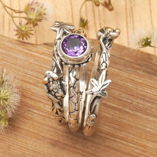 Alternate image for Amethyst and Sterling Silver Stacking Rings set of 3 Tree Frog