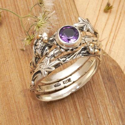 Alternate image for Amethyst and Sterling Silver Stacking Rings set of 3 Tree Frog