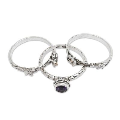Alternate image for Amethyst and Sterling Silver Stacking Rings set of 3 Tree Frog