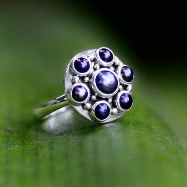 Alternate image for Handcrafted Silver and Pearl Flower Ring Black Rose