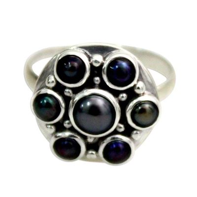 Alternate image for Handcrafted Silver and Pearl Flower Ring Black Rose