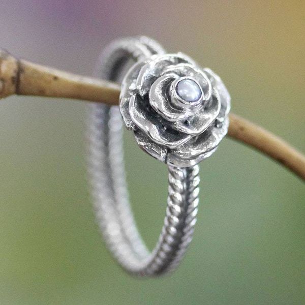 Alternate image for Handmade Sterling Silver and Pearl Flower Ring Glamorous Rose of June