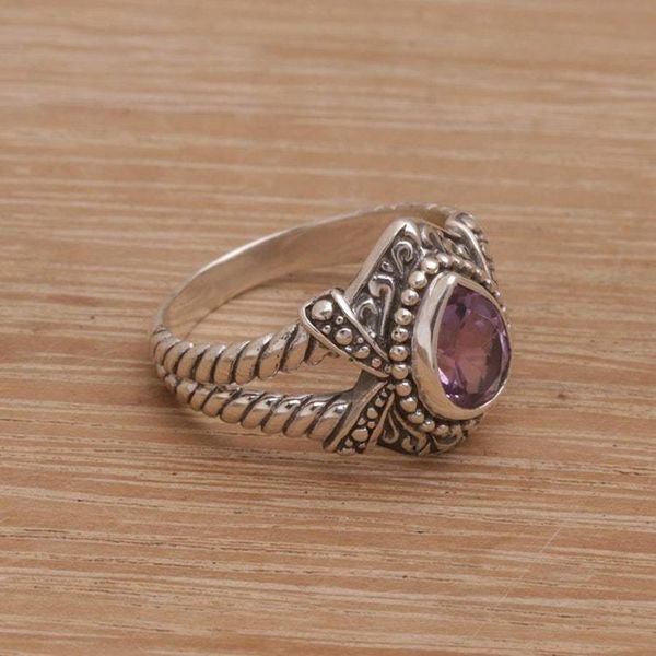 Alternate image for Amethyst and Sterling Silver Solitaire Ring from Bali Crown of Celuk
