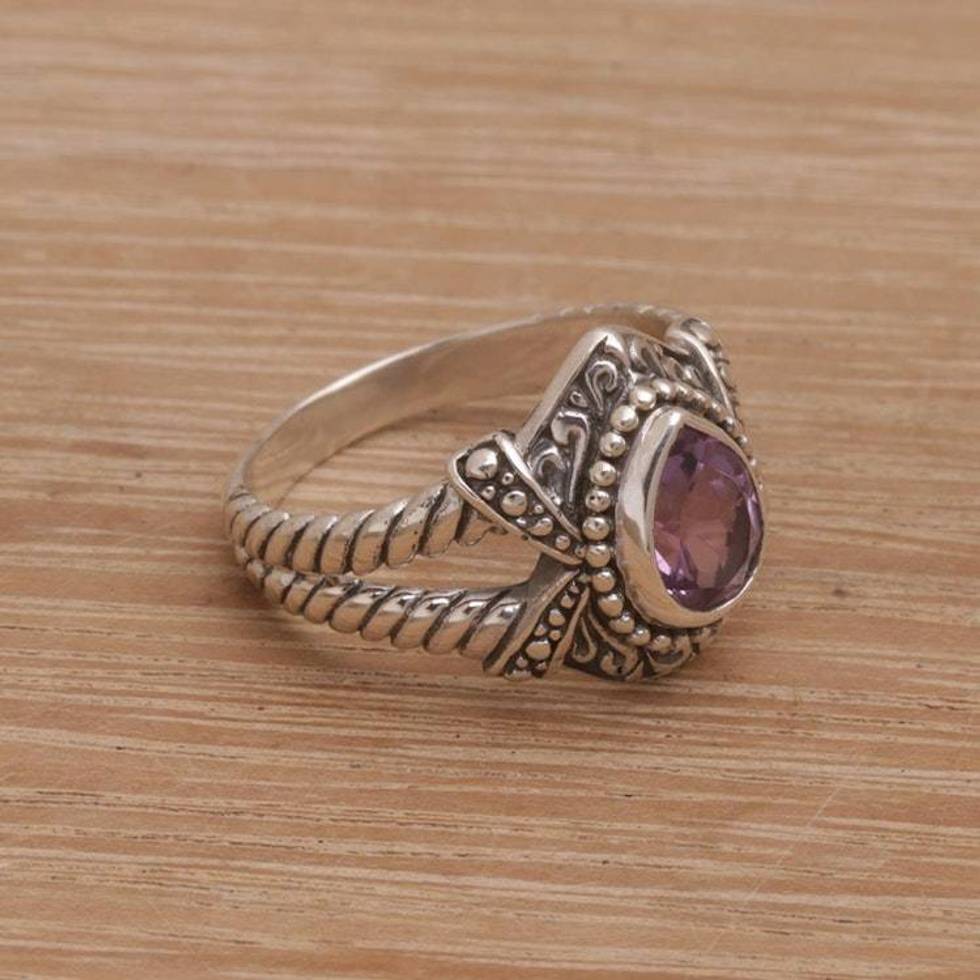 Amethyst and Sterling Silver Solitaire Ring from Bali 'Crown of Celuk'