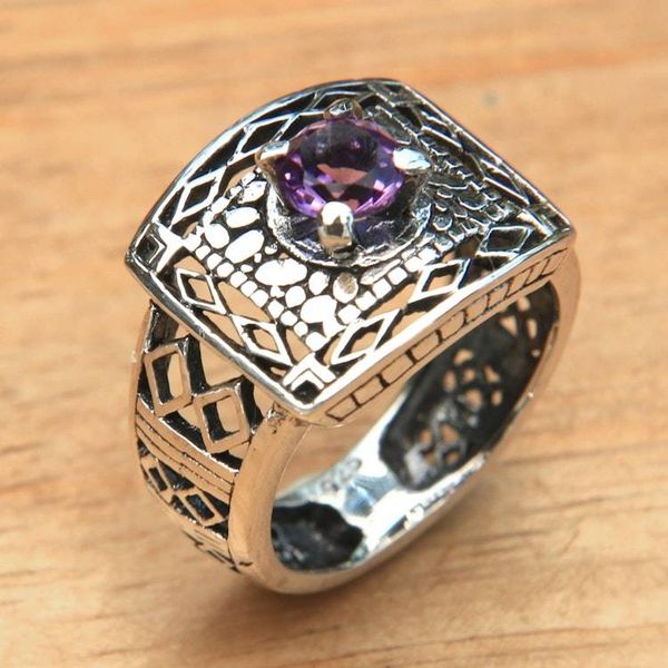 Alternate image for Handcrafted Amethyst Ring with Sterling Silver Cutout Motifs Bali Temple