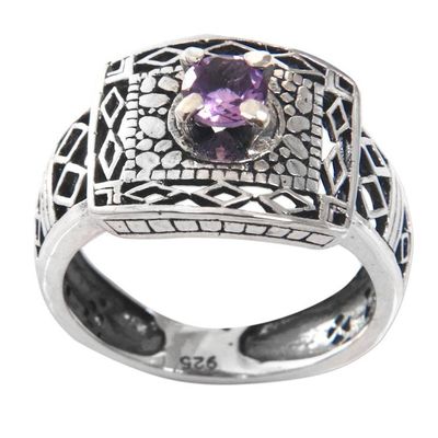 Alternate image for Handcrafted Amethyst Ring with Sterling Silver Cutout Motifs Bali Temple