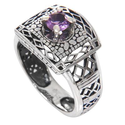 Alternate image for Handcrafted Amethyst Ring with Sterling Silver Cutout Motifs Bali Temple
