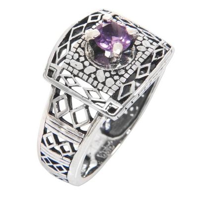 Alternate image for Handcrafted Amethyst Ring with Sterling Silver Cutout Motifs Bali Temple