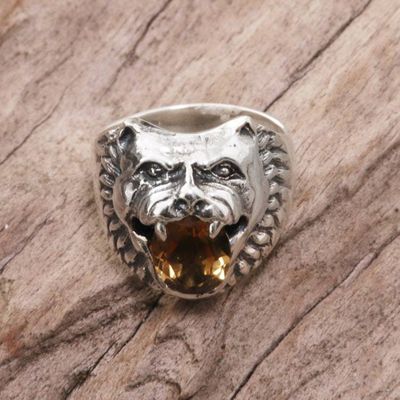 Alternate image for Sterling Silver Citrine Cocktail Ring Wolf Face Indonesia Fierce Wolf