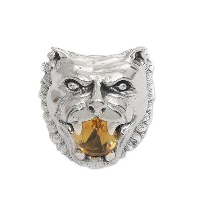 Alternate image for Sterling Silver Citrine Cocktail Ring Wolf Face Indonesia Fierce Wolf