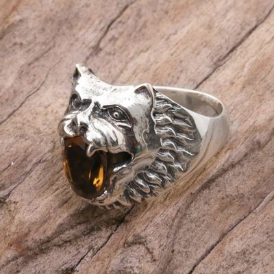 Alternate image for Sterling Silver Citrine Cocktail Ring Wolf Face Indonesia Fierce Wolf