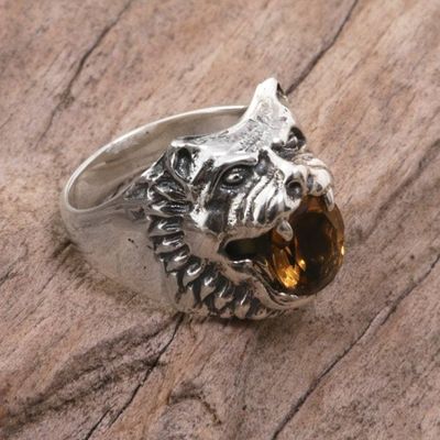 Alternate image for Sterling Silver Citrine Cocktail Ring Wolf Face Indonesia Fierce Wolf