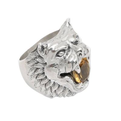 Alternate image for Sterling Silver Citrine Cocktail Ring Wolf Face Indonesia Fierce Wolf