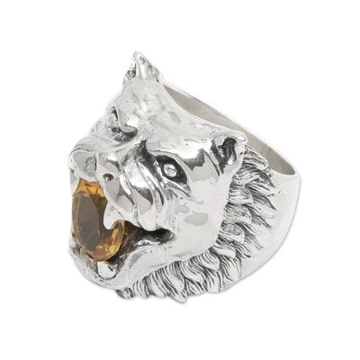 Alternate image for Sterling Silver Citrine Cocktail Ring Wolf Face Indonesia Fierce Wolf