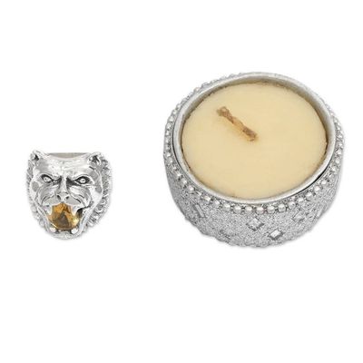 Alternate image for Sterling Silver Citrine Cocktail Ring Wolf Face Indonesia Fierce Wolf