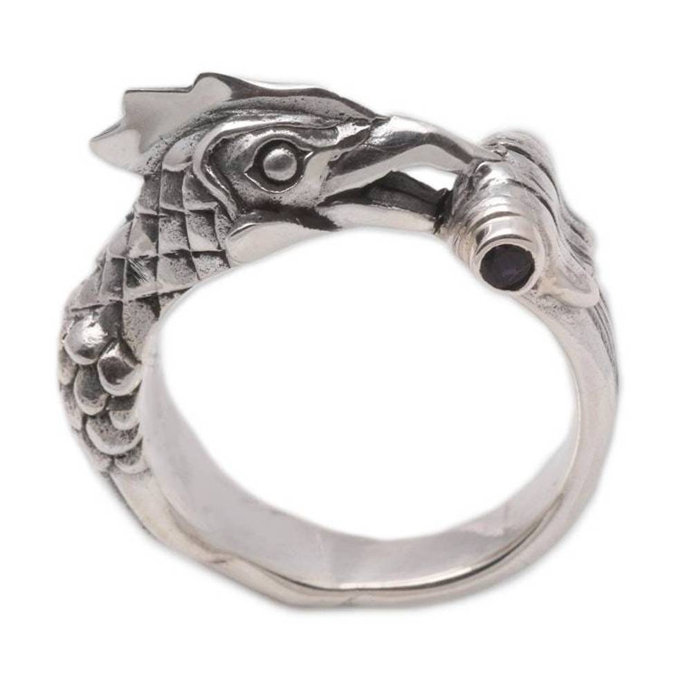 Handcrafted Men's Sterling Silver and Amethyst Ring 'Amethyst Rooster'