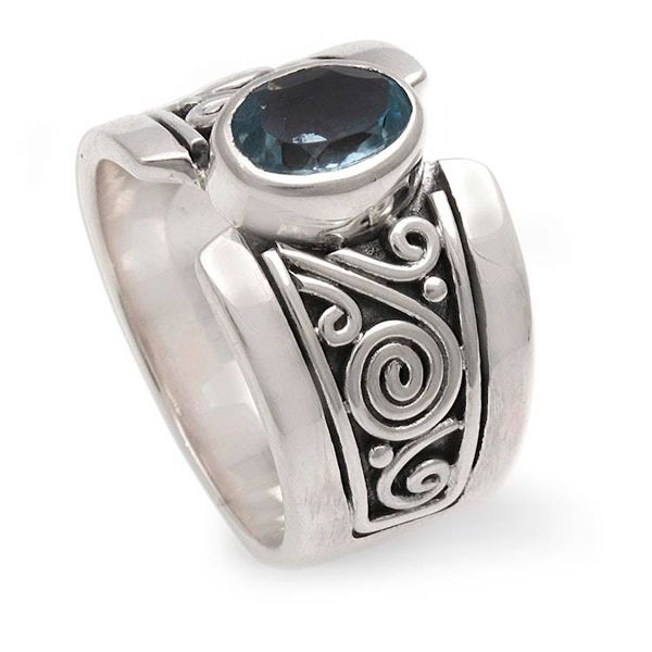 Alternate image for Artisan Crafted Sterling Silver Wide Ring with Blue Topaz Blue Karma