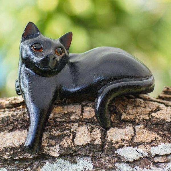 Alternate image for Hand Carved Wooden Cat Sculpture with Black Finish Watchful Black Cat