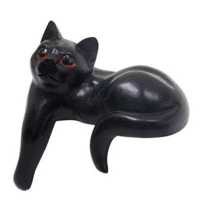 Alternate image for Hand Carved Wooden Cat Sculpture with Black Finish Watchful Black Cat