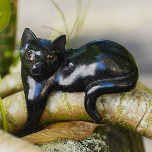 Alternate image for Hand Carved Wooden Cat Sculpture with Black Finish Watchful Black Cat