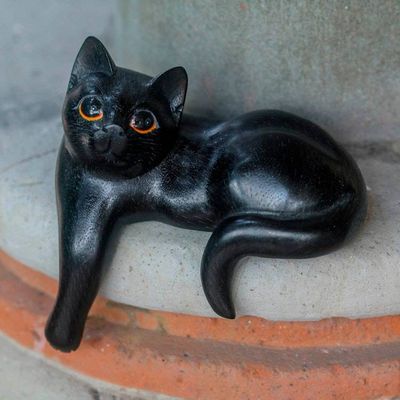 Alternate image for Hand Carved Wooden Cat Sculpture with Black Finish Watchful Black Cat