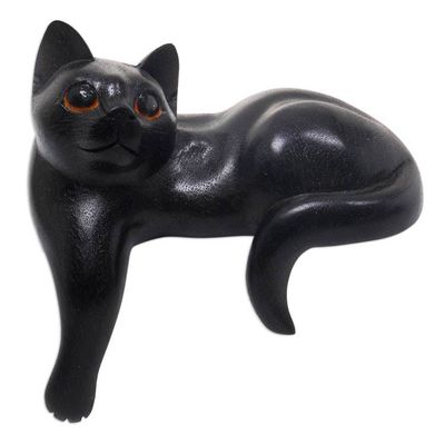 Alternate image for Hand Carved Wooden Cat Sculpture with Black Finish Watchful Black Cat
