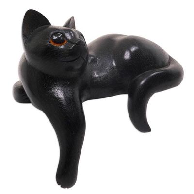 Alternate image for Hand Carved Wooden Cat Sculpture with Black Finish Watchful Black Cat