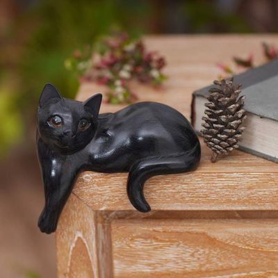 Alternate image for Hand Carved Wooden Cat Sculpture with Black Finish Watchful Black Cat