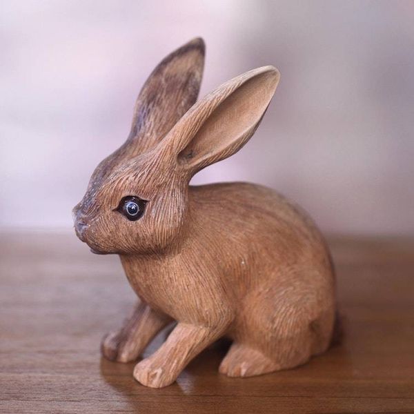 Alternate image for Wooden Rabbit Statuette Carved by Hand in Bali Long-Haired Ginger Rabbit