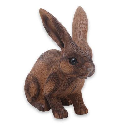 Alternate image for Wooden Rabbit Statuette Carved by Hand in Bali Long-Haired Ginger Rabbit