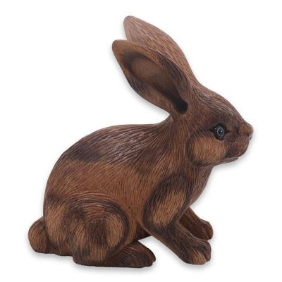 Alternate image for Wooden Rabbit Statuette Carved by Hand in Bali Long-Haired Ginger Rabbit