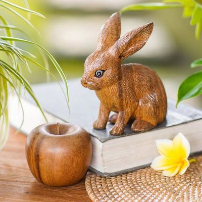 Alternate image for Wooden Rabbit Statuette Carved by Hand in Bali Long-Haired Ginger Rabbit