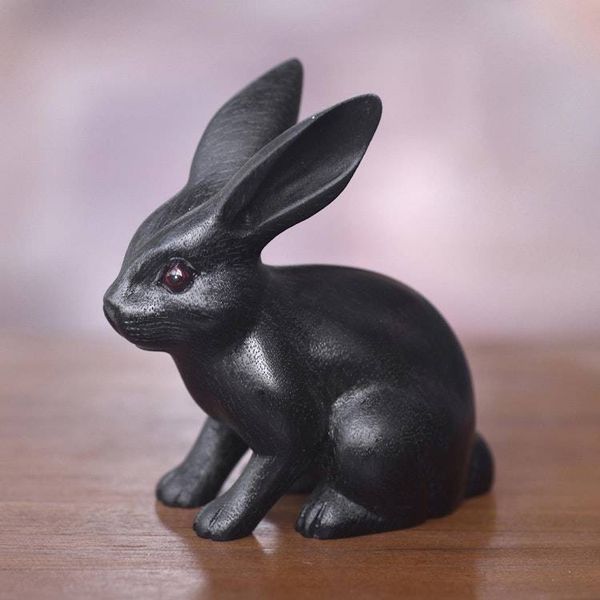 Alternate image for Adorable Black Bunny Sculpture Hand Carved in Suar Wood Cute Black Rabbit