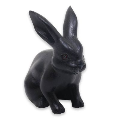 Alternate image for Adorable Black Bunny Sculpture Hand Carved in Suar Wood Cute Black Rabbit