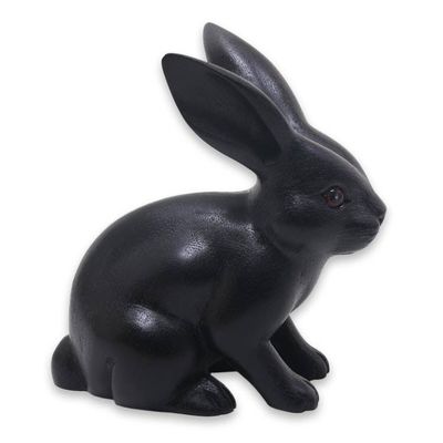 Alternate image for Adorable Black Bunny Sculpture Hand Carved in Suar Wood Cute Black Rabbit