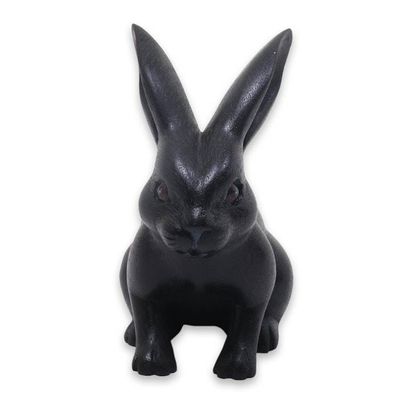 Alternate image for Adorable Black Bunny Sculpture Hand Carved in Suar Wood Cute Black Rabbit
