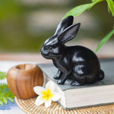 Alternate image for Adorable Black Bunny Sculpture Hand Carved in Suar Wood Cute Black Rabbit