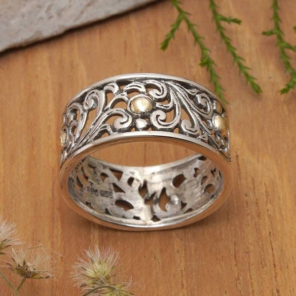 Alternate image for 18k Gold-Accented Spring-Themed Sterling Silver Band Ring Blooms of Victory