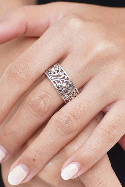 Alternate image for 18k Gold-Accented Spring-Themed Sterling Silver Band Ring Blooms of Victory