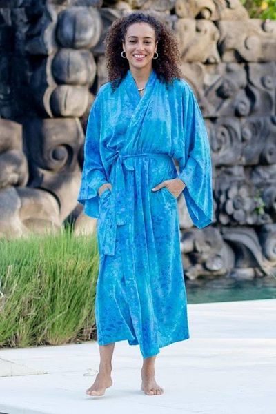 Alternate image for Womens Blue and Green Hand Crafted Batik Rayon Robe Misty Garden