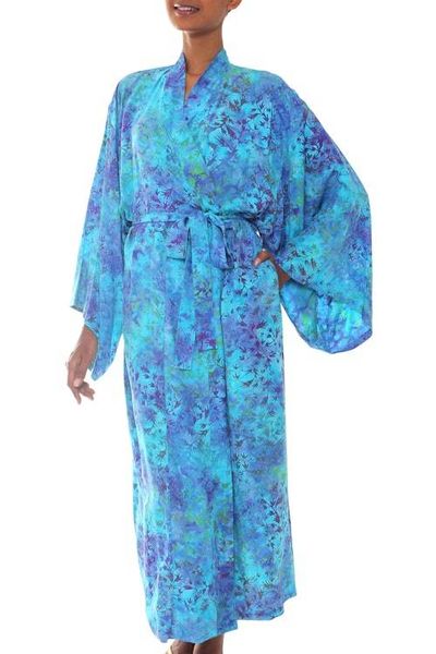 Alternate image for Womens Blue and Green Hand Crafted Batik Rayon Robe Misty Garden