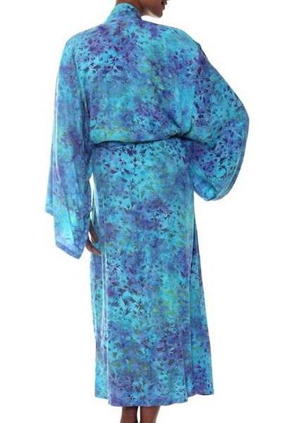 Alternate image for Womens Blue and Green Hand Crafted Batik Rayon Robe Misty Garden