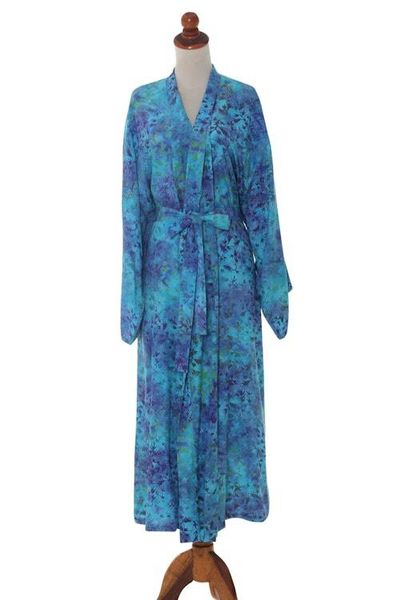 Alternate image for Womens Blue and Green Hand Crafted Batik Rayon Robe Misty Garden