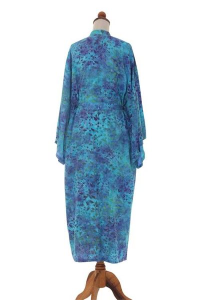 Alternate image for Womens Blue and Green Hand Crafted Batik Rayon Robe Misty Garden