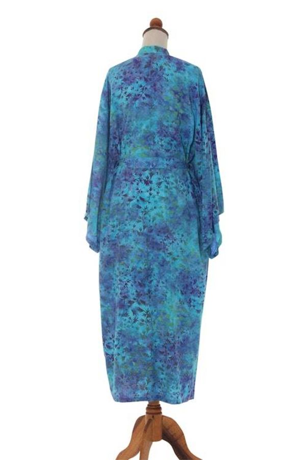 Alternate image for Womens Blue and Green Hand Crafted Batik Rayon Robe Misty Garden