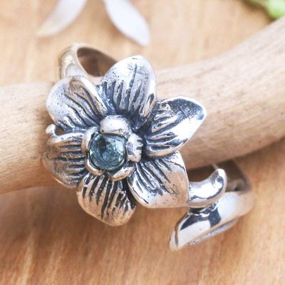 Alternate image for Blue Topaz Flower-Motif Cocktail Ring Melancholy Flower