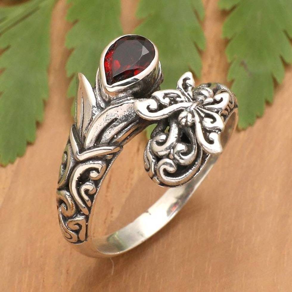 Traditional Butterfly-Themed Cocktail Ring with Garnet Gem 'A Nymph in Red'