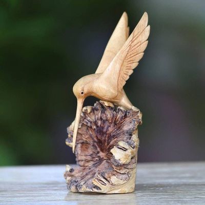 Alternate image for Hand-Carved Jempinis Wood Flying Hummingbird Sculpture Hummingbird Joy