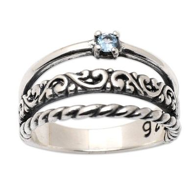 Alternate image for Traditional Single Stone Ring with Faceted Blue Topaz Jewel Jungles Loyal Embrace