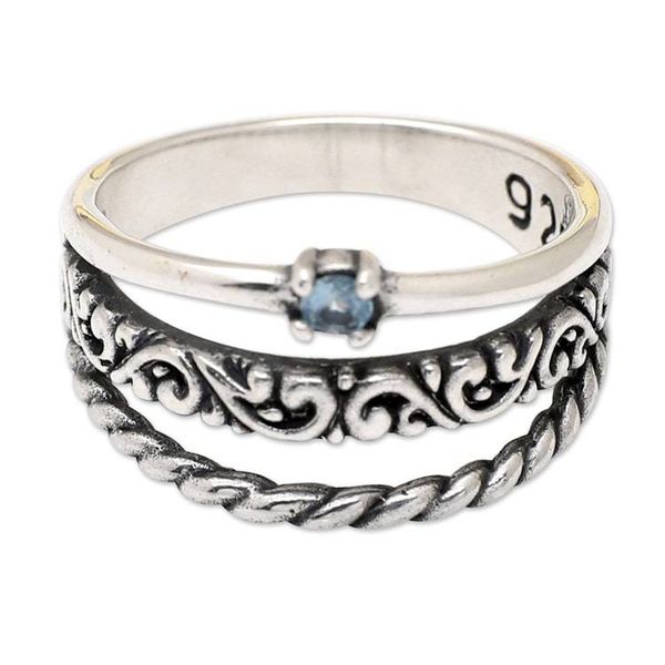 Alternate image for Traditional Single Stone Ring with Faceted Blue Topaz Jewel Jungles Loyal Embrace